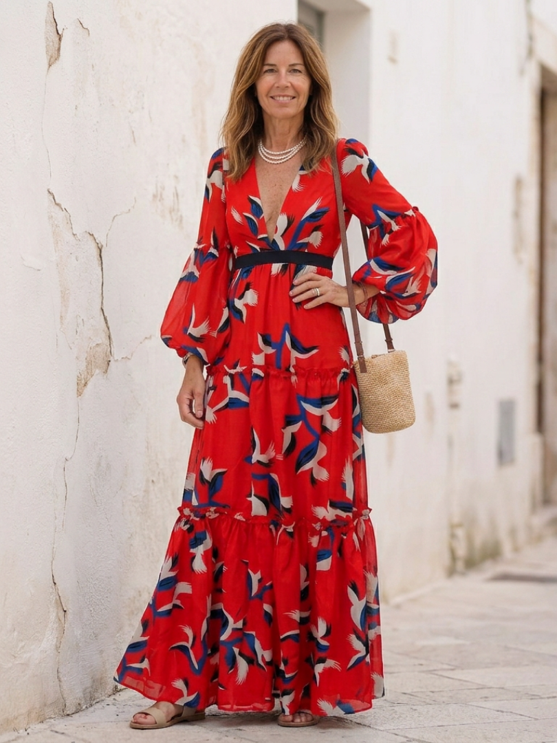 Marta | Vestido largo de manga larga con escote en V y cinturón