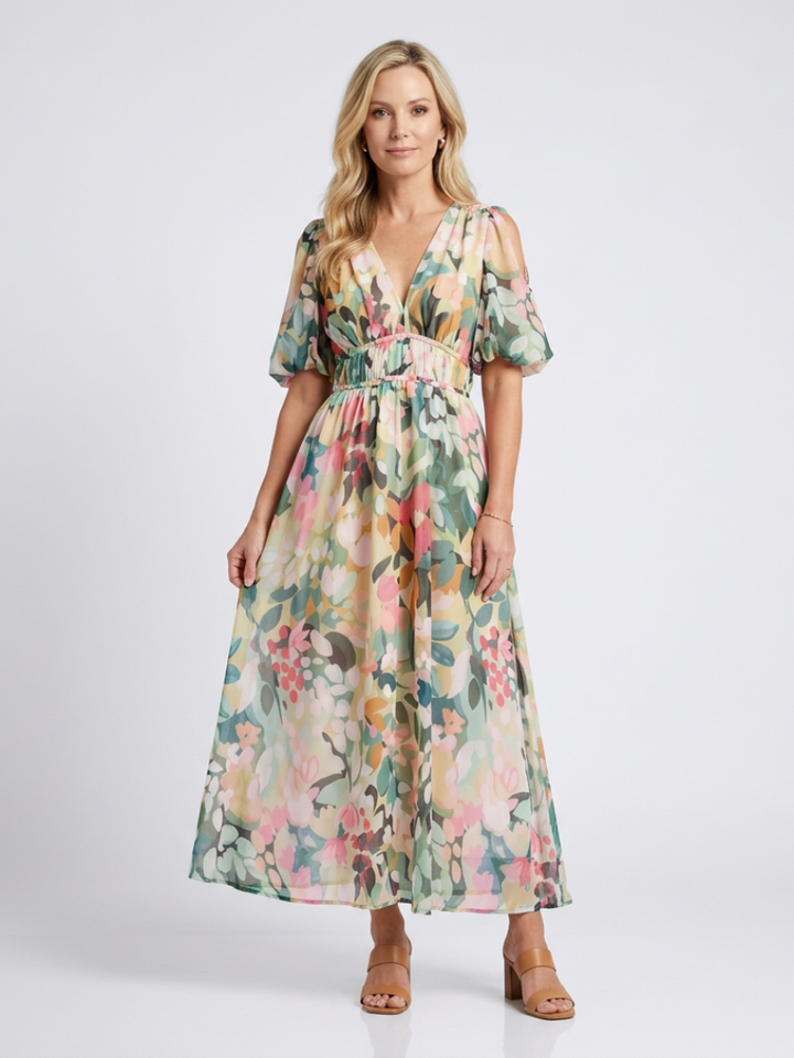 Eloisa | Vestido midi de manga corta con escote en V y cintura fruncida