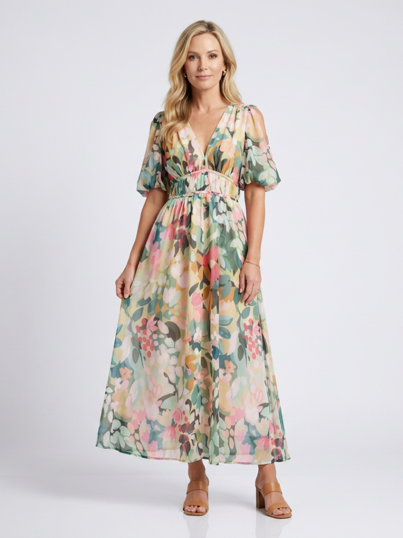 Eloisa | Vestido midi de manga corta con escote en V y cintura fruncida