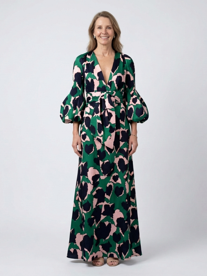 Marta | Vestido largo de manga larga con escote en V y cinturón