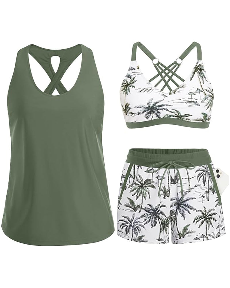 Maren | Conjunto de bikini tankini de tres piezas y pareo
