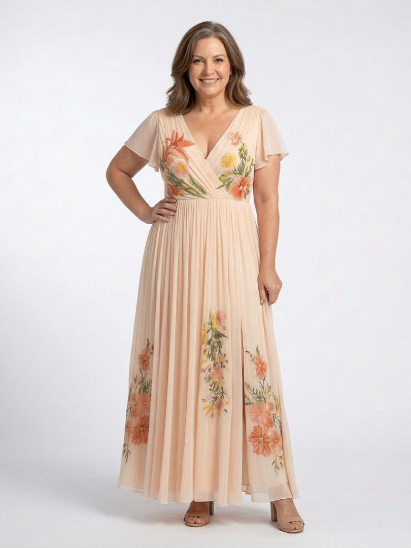 Carla | Vestido largo plisado floral de manga corta con escote en V