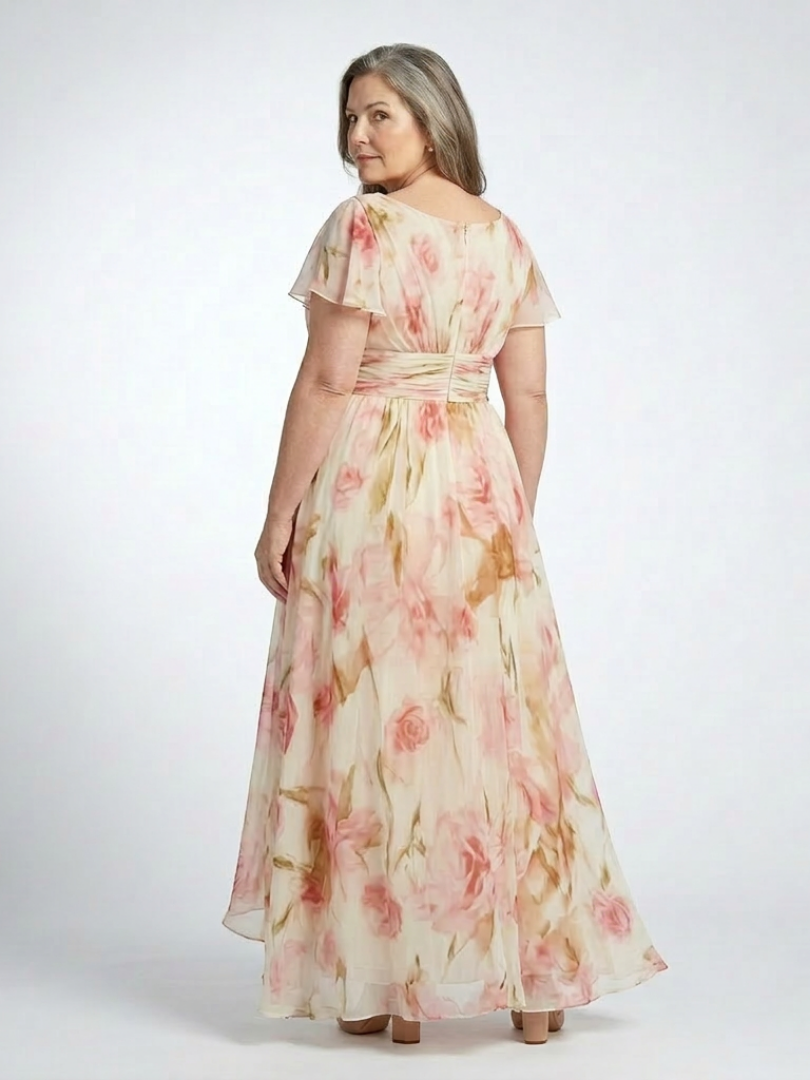 Elena | Vestido largo floral de manga corta con escote en V