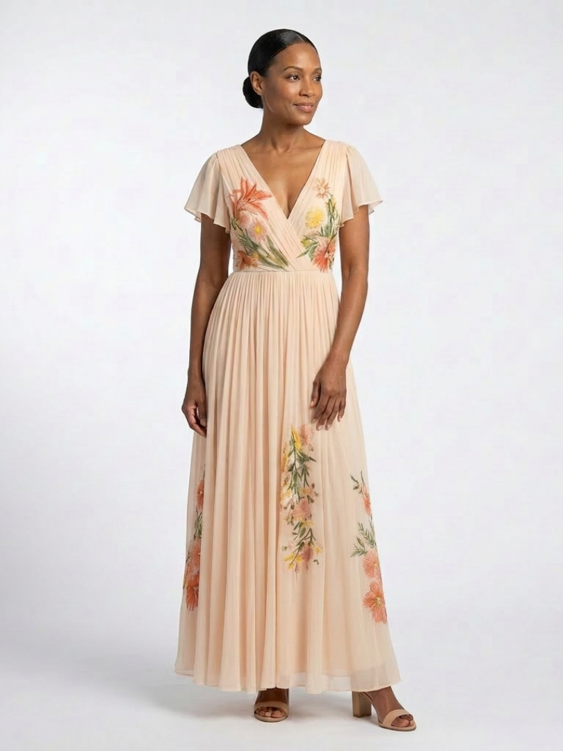 Carla | Vestido largo plisado floral de manga corta con escote en V