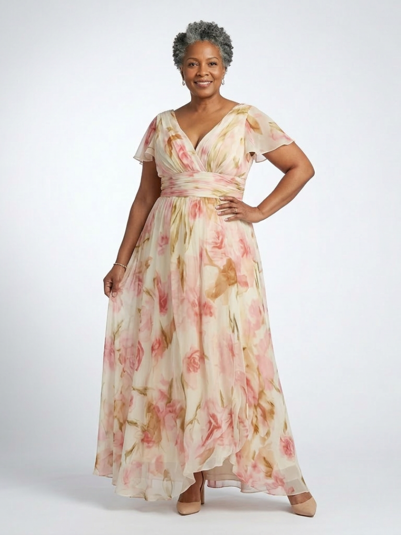 Elena | Vestido largo floral de manga corta con escote en V