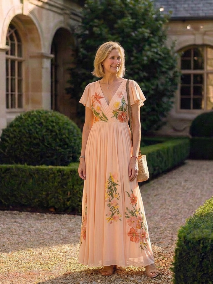 Carla | Vestido largo plisado floral de manga corta con escote en V