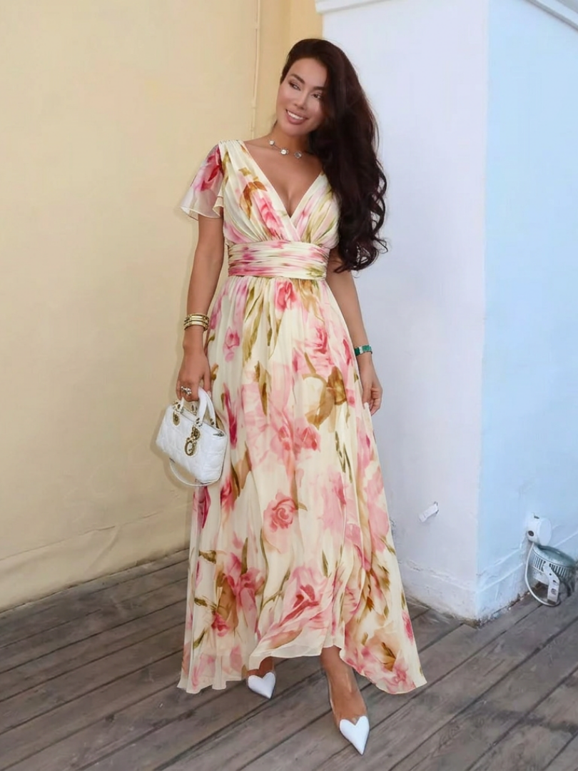 Elena | Vestido largo floral de manga corta con escote en V