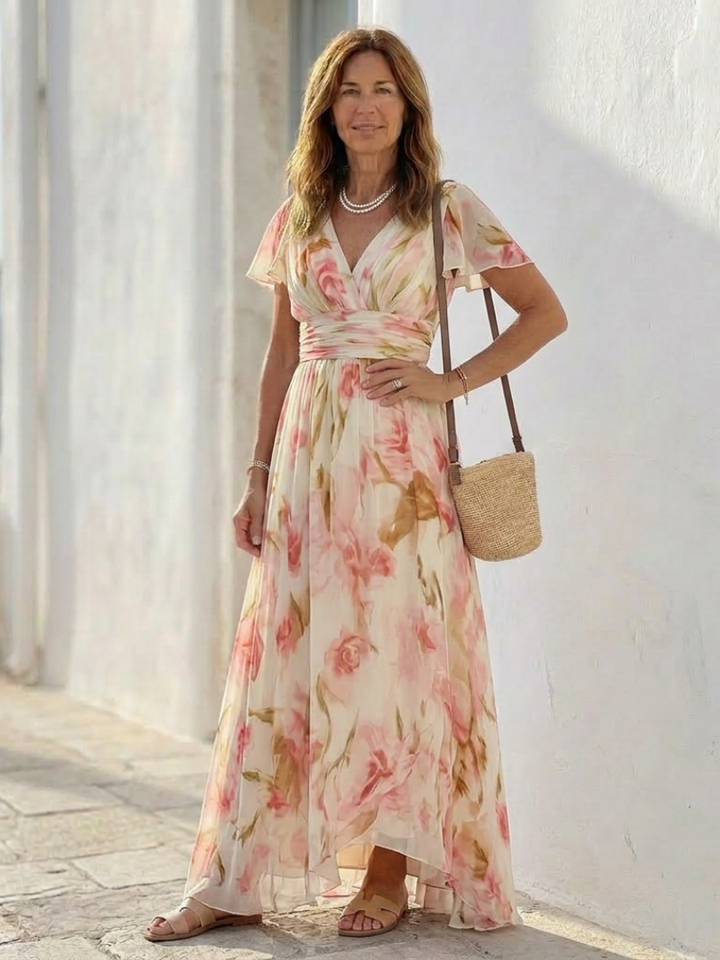 Elena | Vestido largo floral de manga corta con escote en V