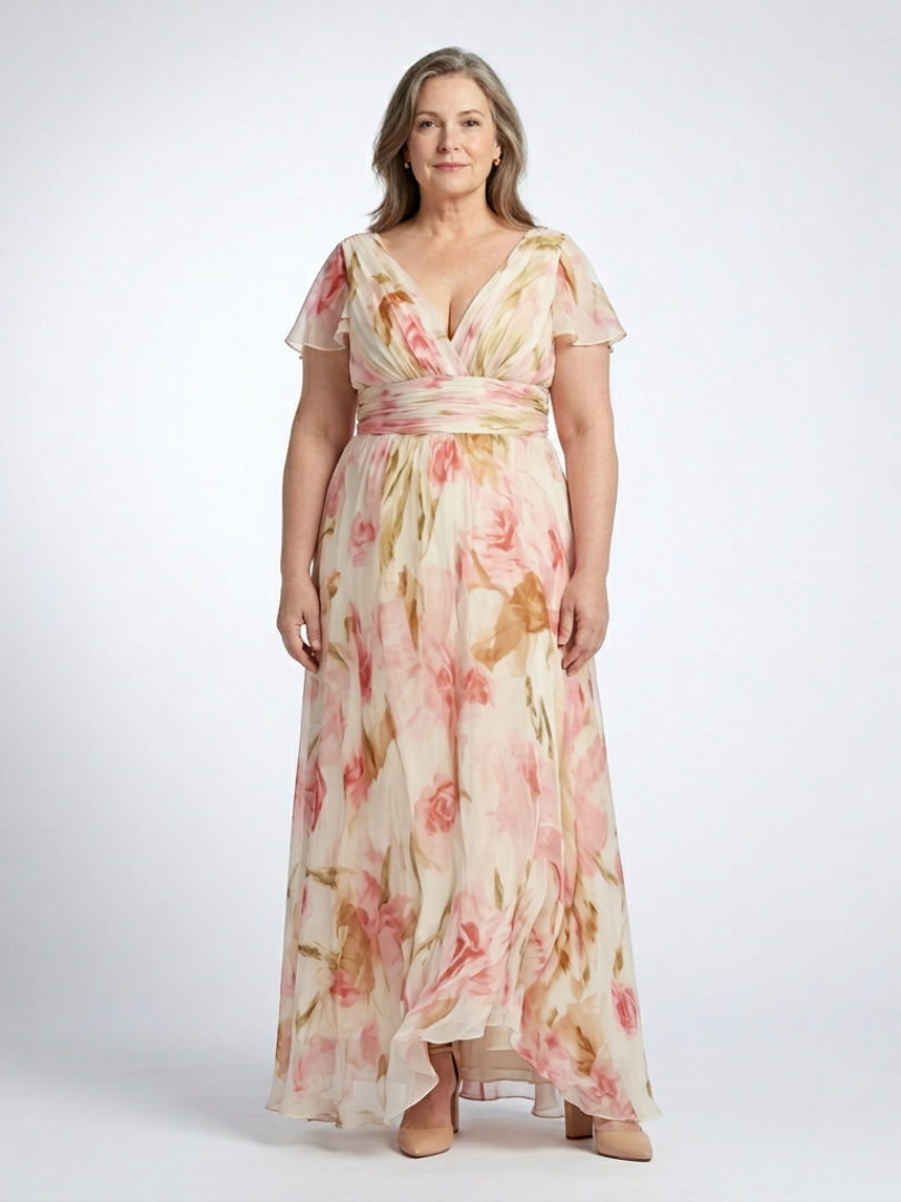 Elena | Vestido largo floral de manga corta con escote en V