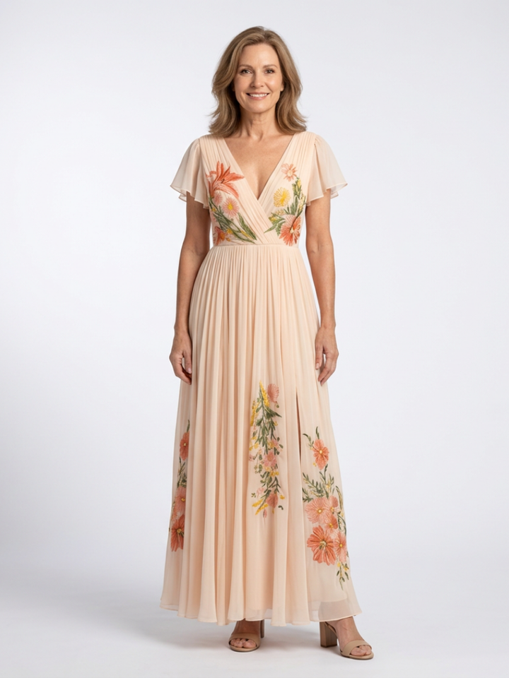 Carla | Vestido largo plisado floral de manga corta con escote en V