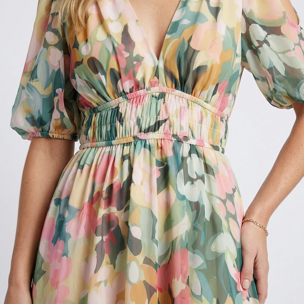 Eloisa | Vestido midi de manga corta con escote en V y cintura fruncida