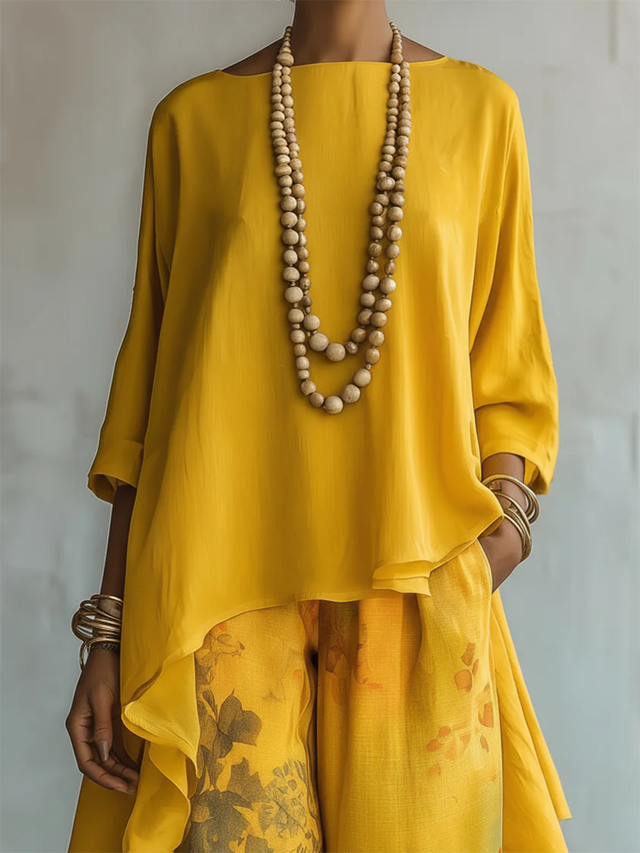 Conjunto de Dos Piezas con Estampado Floral Artístico Elegante