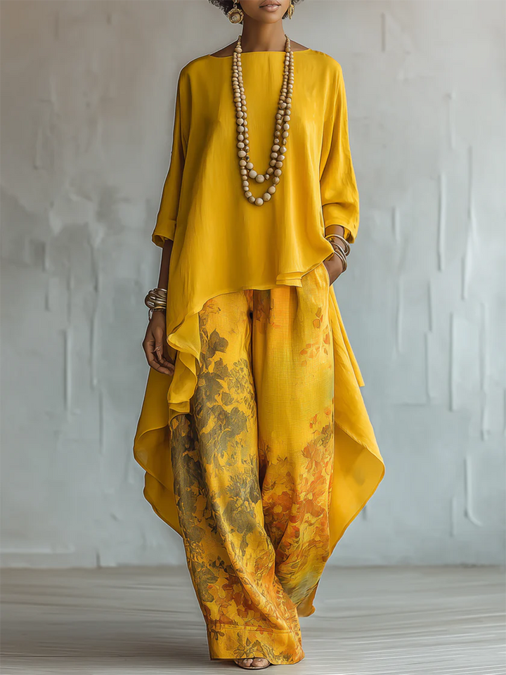 Conjunto de Dos Piezas con Estampado Floral Artístico Elegante