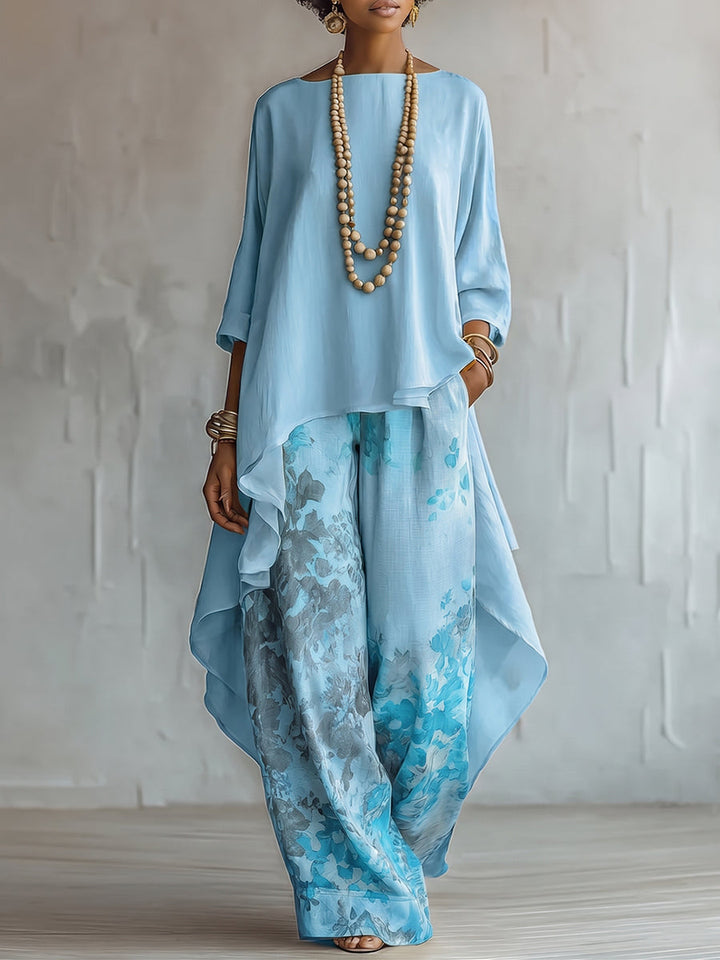 Conjunto de Dos Piezas con Estampado Floral Artístico Elegante