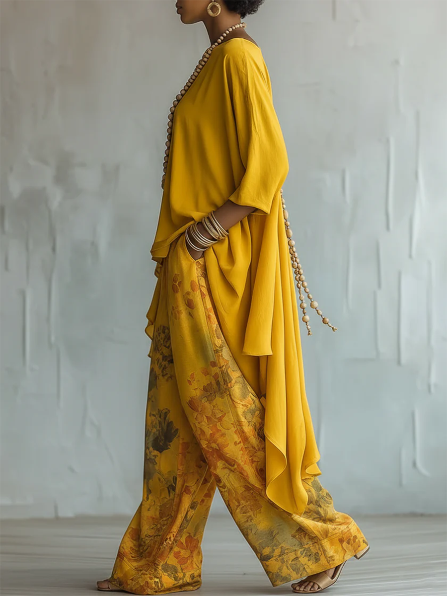 Conjunto de Dos Piezas con Estampado Floral Artístico Elegante
