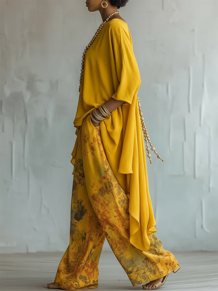 Conjunto de Dos Piezas con Estampado Floral Artístico Elegante
