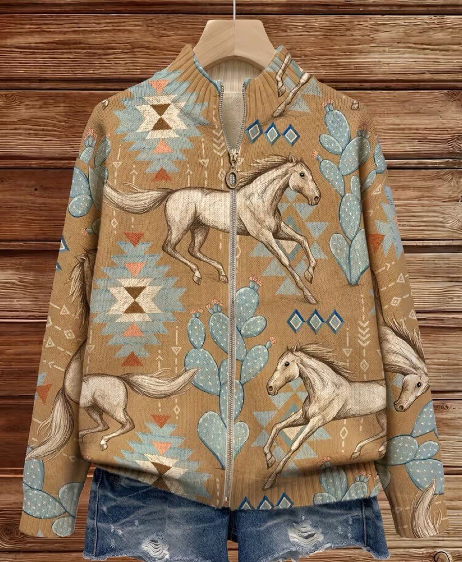Perpetua™ | Cárdigan con cremallera de caballo del desierto y diseño de cactus