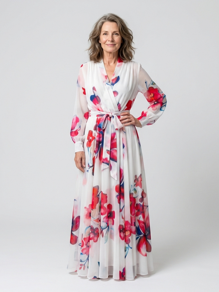 Lidia | Vestido largo cruzado de manga larga con estampado floral