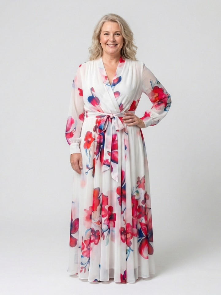 Lidia | Vestido largo cruzado de manga larga con estampado floral
