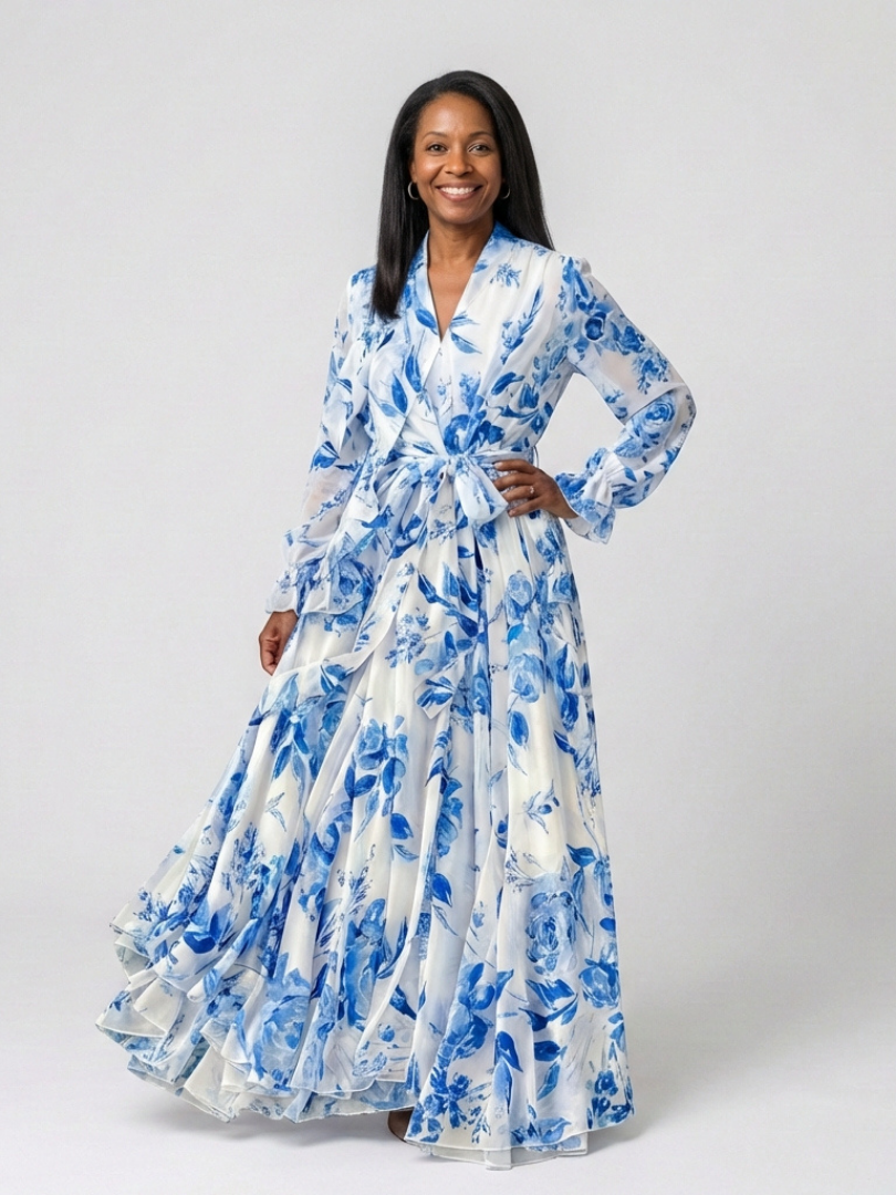 Lidia | Vestido largo cruzado de manga larga con estampado floral