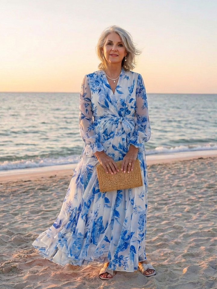 Lidia | Vestido largo cruzado de manga larga con estampado floral