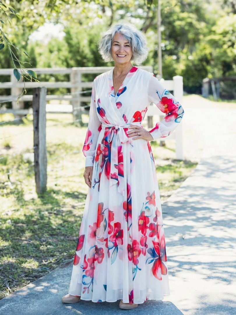 Lidia | Vestido largo cruzado de manga larga con estampado floral