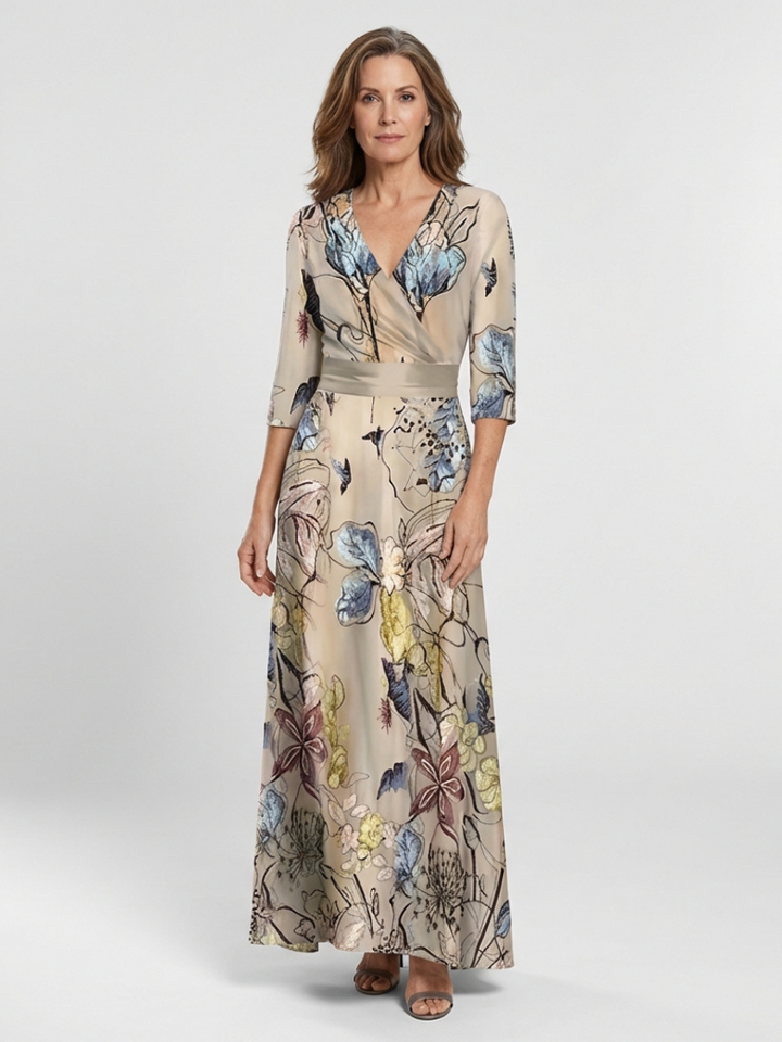 Margarita | Vestido largo cruzado floral de manga tres cuartos