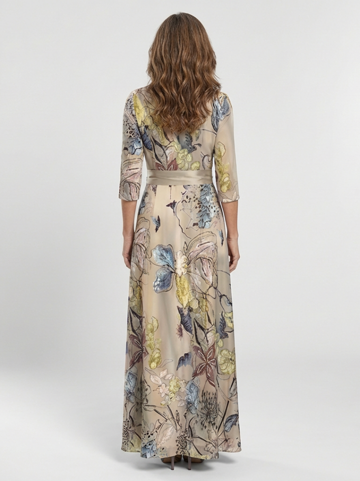 Margarita | Vestido largo cruzado floral de manga tres cuartos