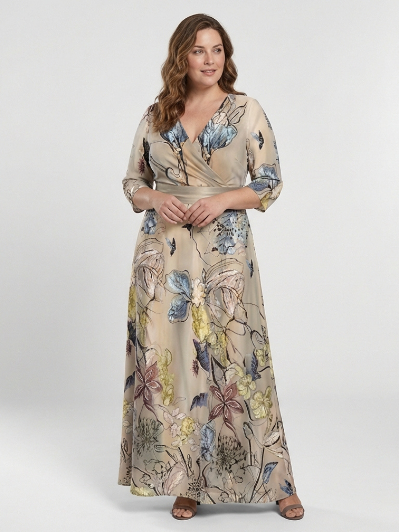 Margarita | Vestido largo cruzado floral de manga tres cuartos