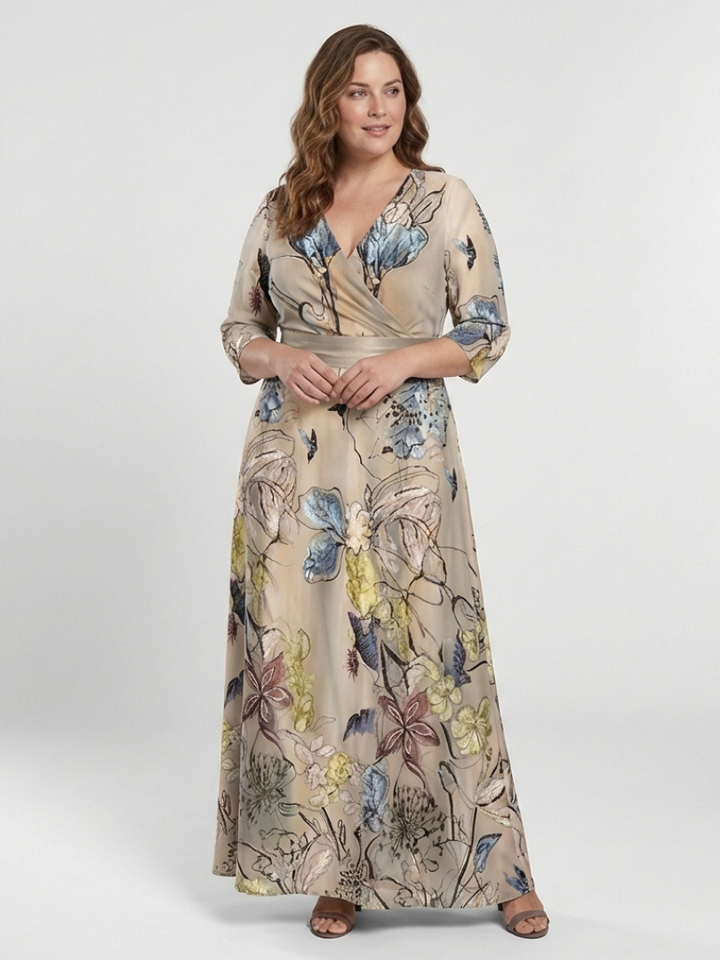 Margarita | Vestido largo cruzado floral de manga tres cuartos
