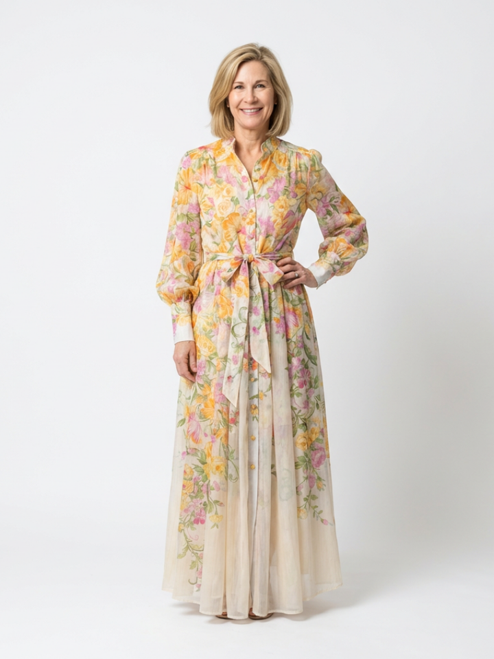 Cristina | Vestido largo transparente de manga larga con estampado floral