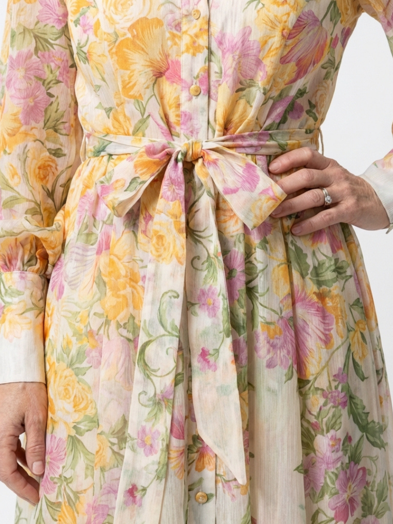 Cristina | Vestido largo transparente de manga larga con estampado floral
