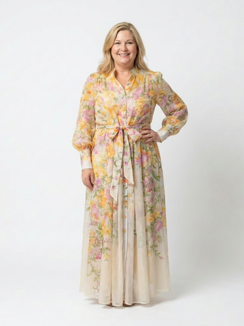 Cristina | Vestido largo transparente de manga larga con estampado floral