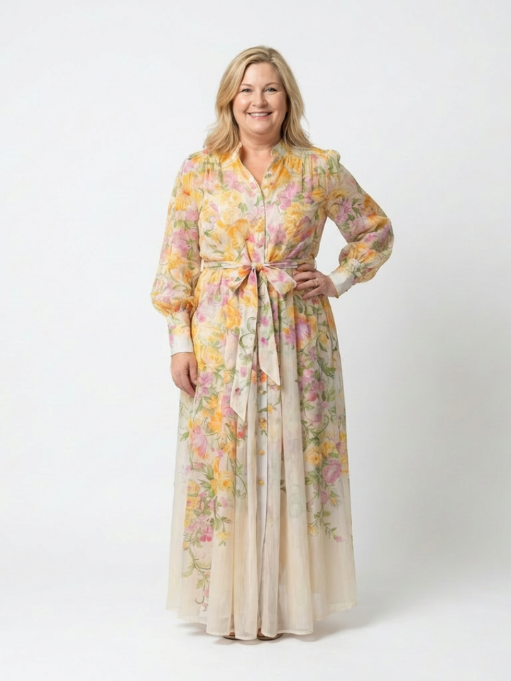Cristina | Vestido largo transparente de manga larga con estampado floral
