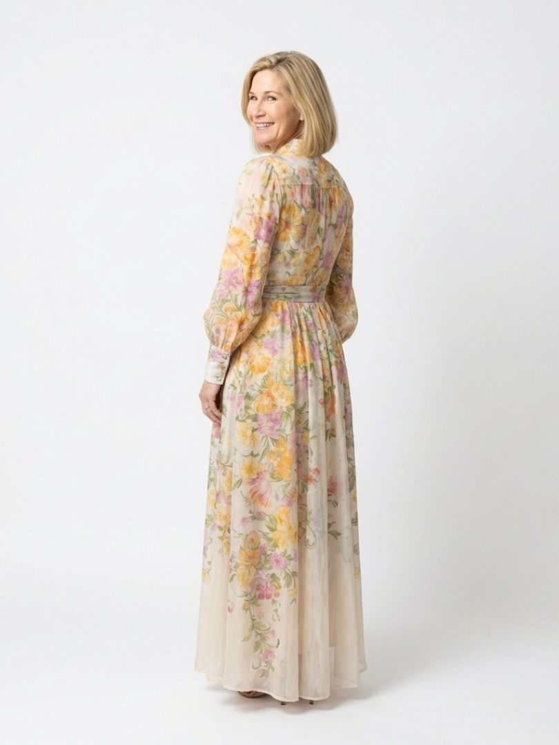 Cristina | Vestido largo transparente de manga larga con estampado floral