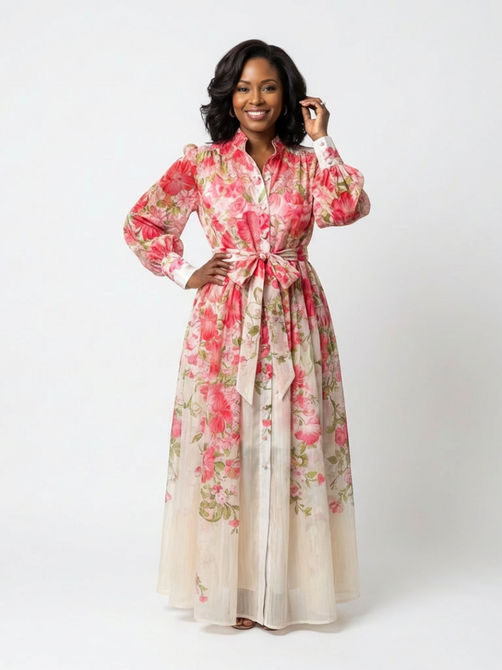 Cristina | Vestido largo transparente de manga larga con estampado floral