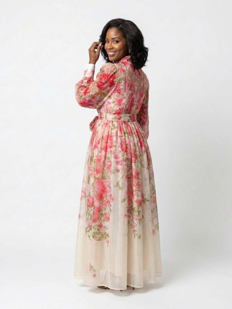 Cristina | Vestido largo transparente de manga larga con estampado floral