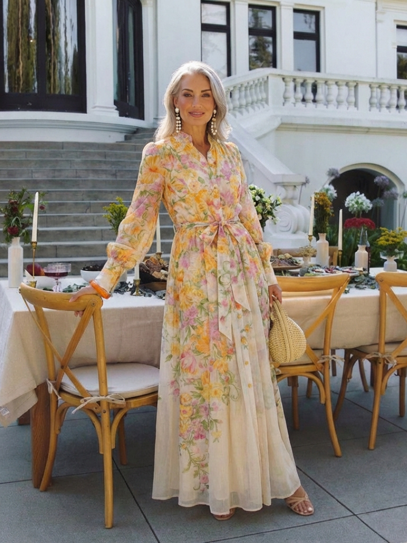 Cristina | Vestido largo transparente de manga larga con estampado floral