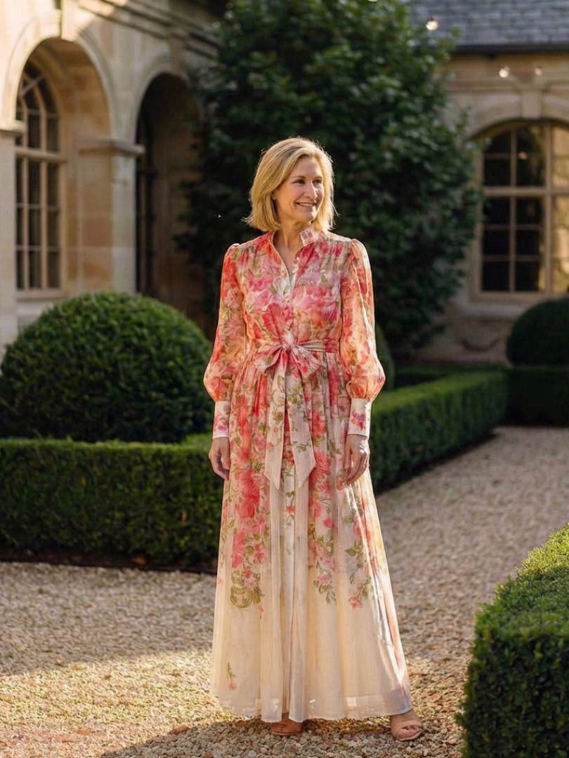 Cristina | Vestido largo transparente de manga larga con estampado floral