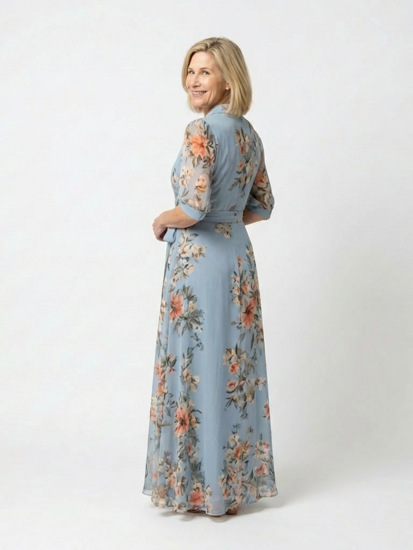 Elena | Vestido largo cruzado con escote en V y estampado floral
