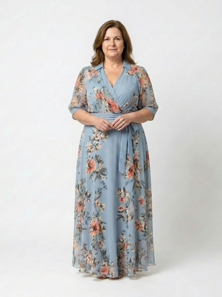 Elena | Vestido largo cruzado con escote en V y estampado floral