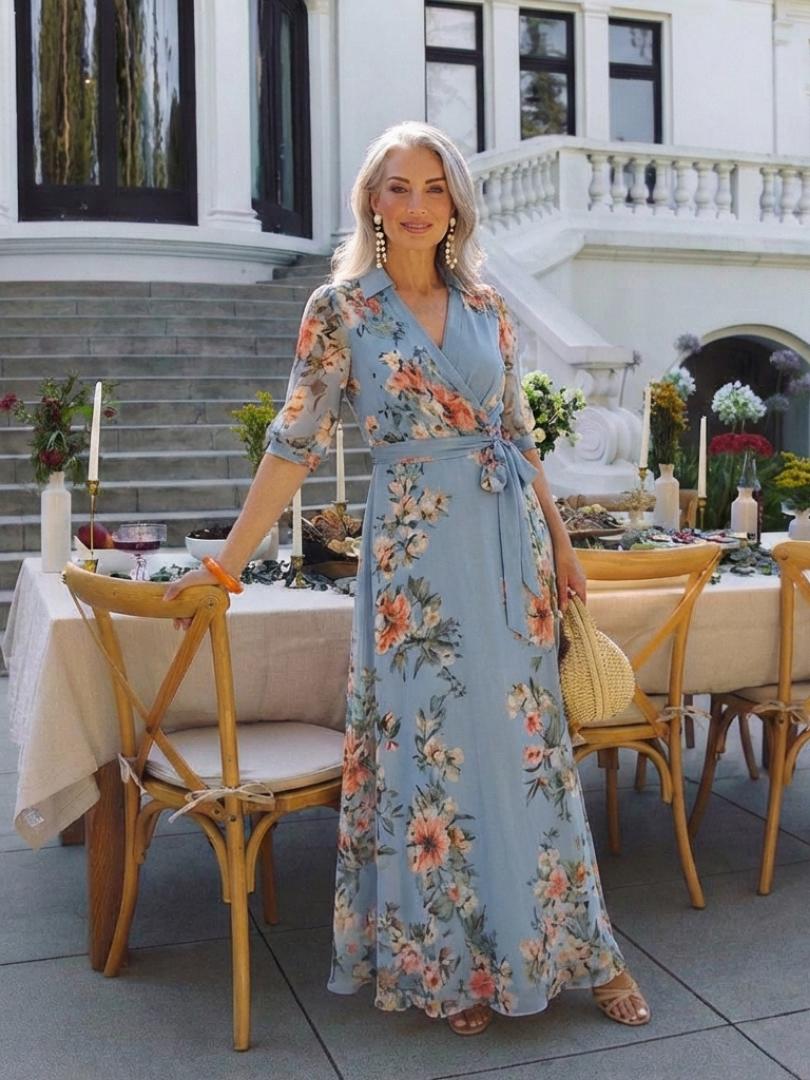 Elena | Vestido largo cruzado con escote en V y estampado floral