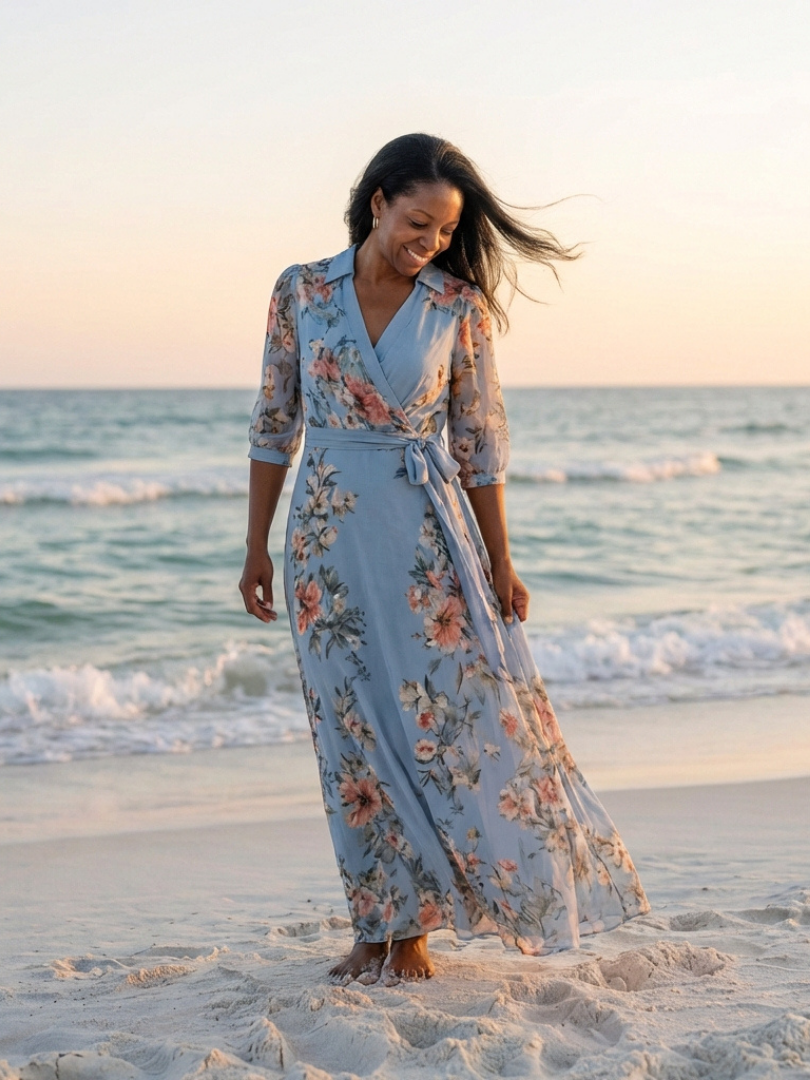 Elena | Vestido largo cruzado con escote en V y estampado floral