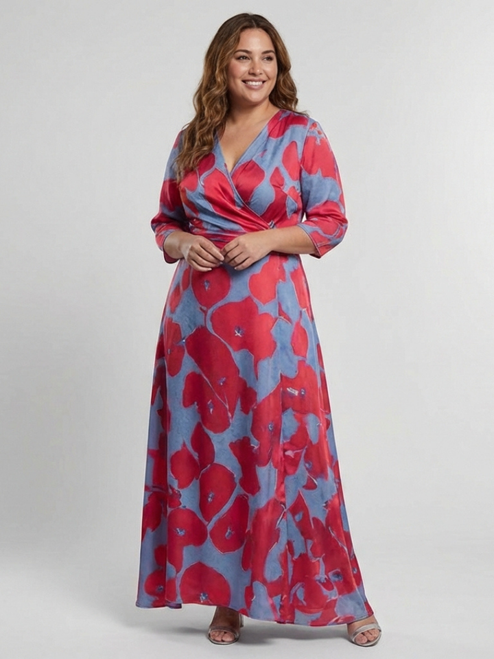Daniela | Vestido largo floral con escote en V y mangas tres cuartos