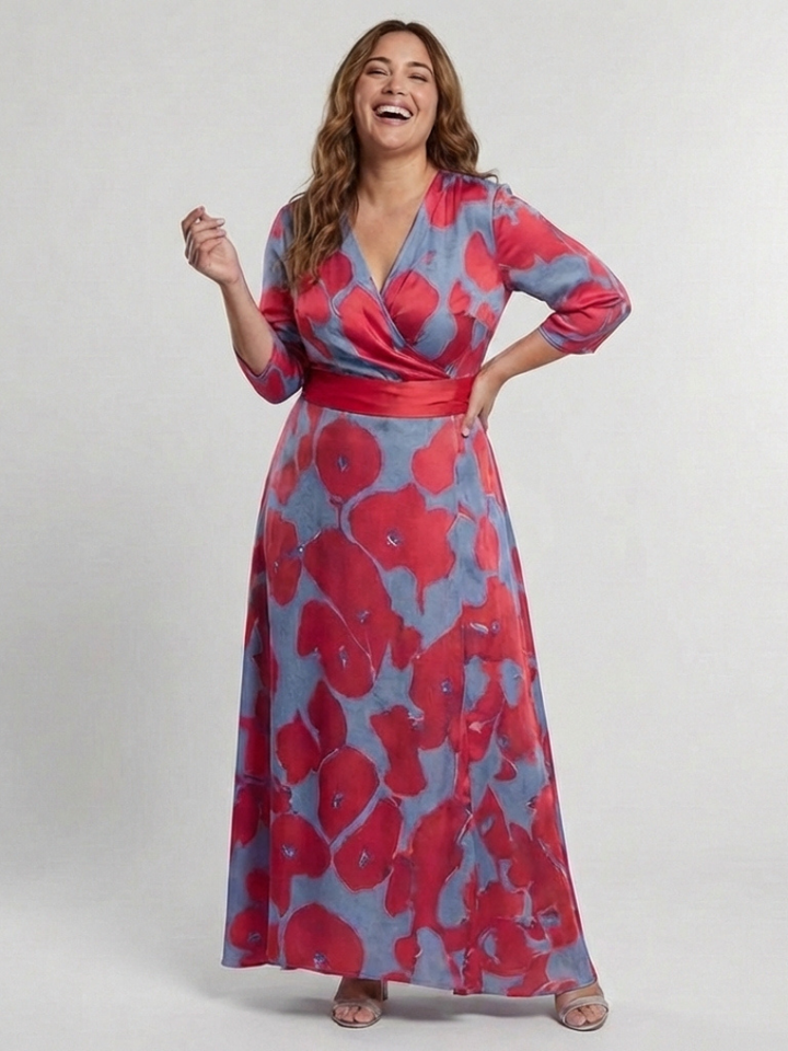 Daniela | Vestido largo floral con escote en V y mangas tres cuartos