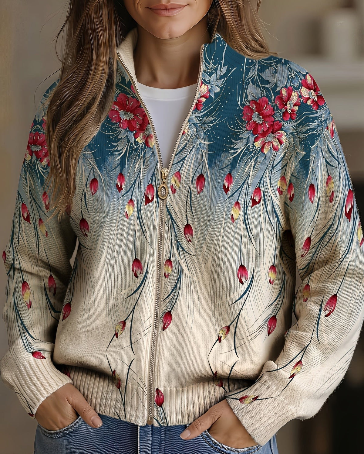 Zillah™ | Impresión Floral de Gradiente con Plumas de Pavo Real